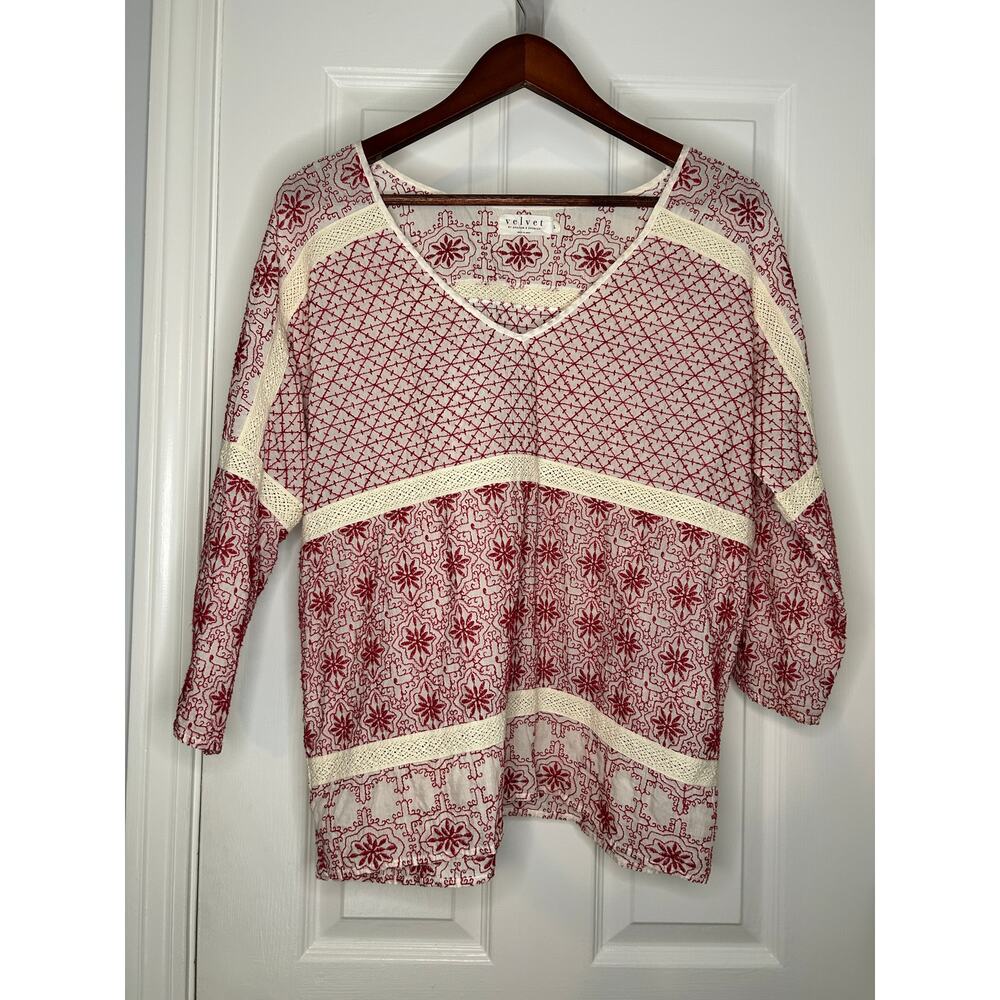 Velvet Graham Spencer Embroidered Boho Blouse Womens Large Red White Peasant Top